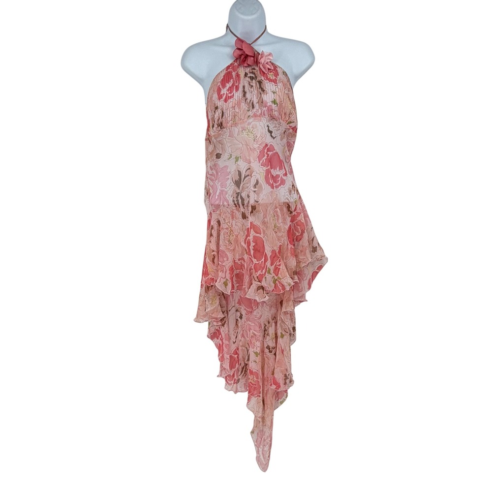 Pink Floral Halter Neck Asymmetrical Ruffle Hem Chiffon Dress Y2K Fairycore